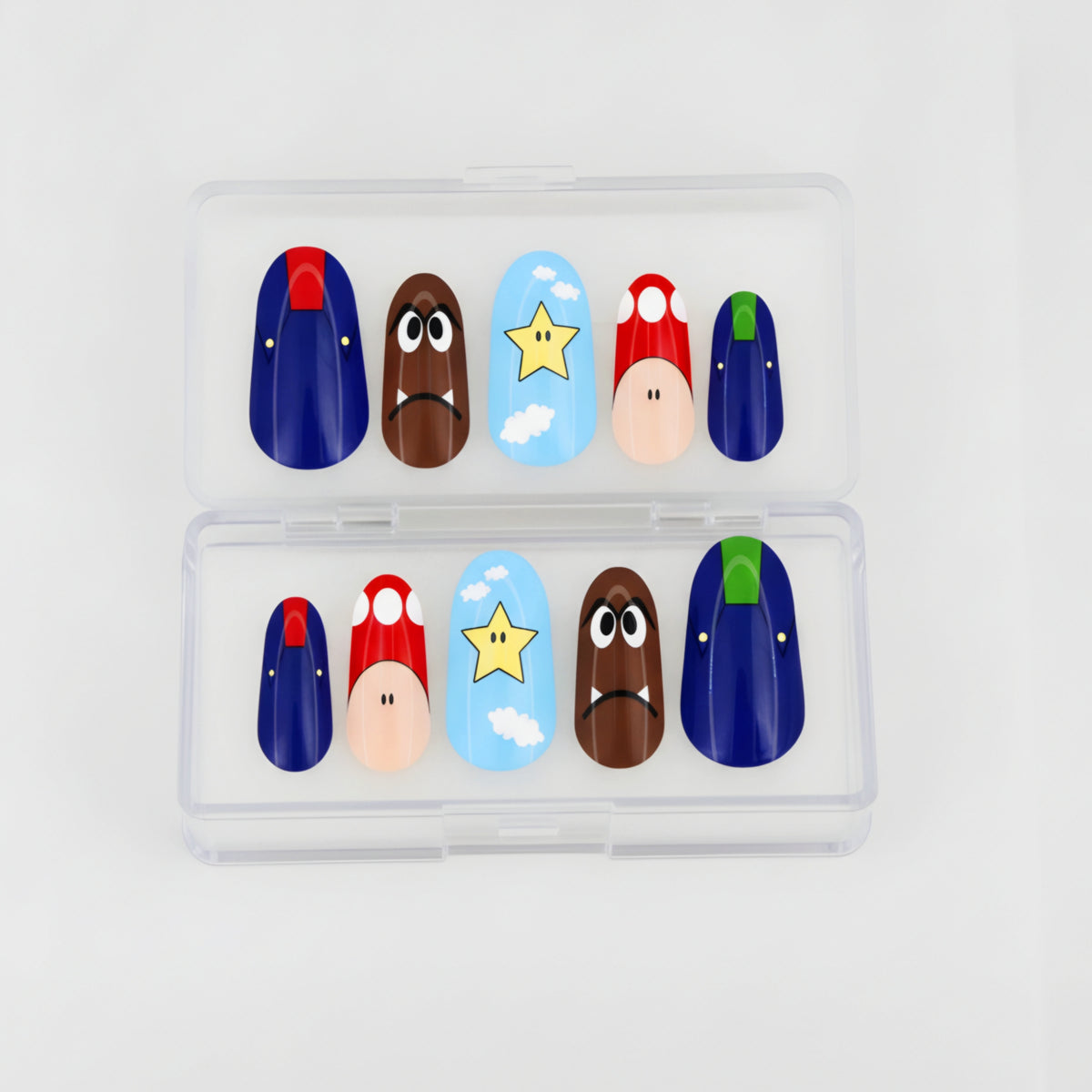 Mushroom Kingdom retro gaming press-on nails with mushroom and star nail art
