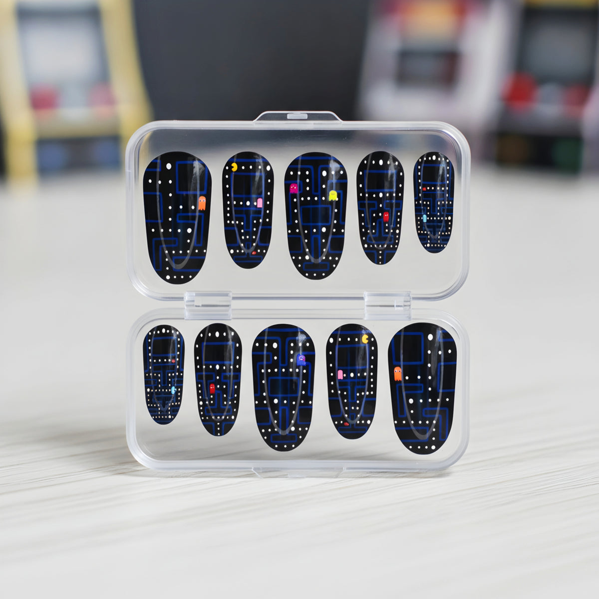 Pac-Man black retro arcade press-on nails with colourful gamer nail art