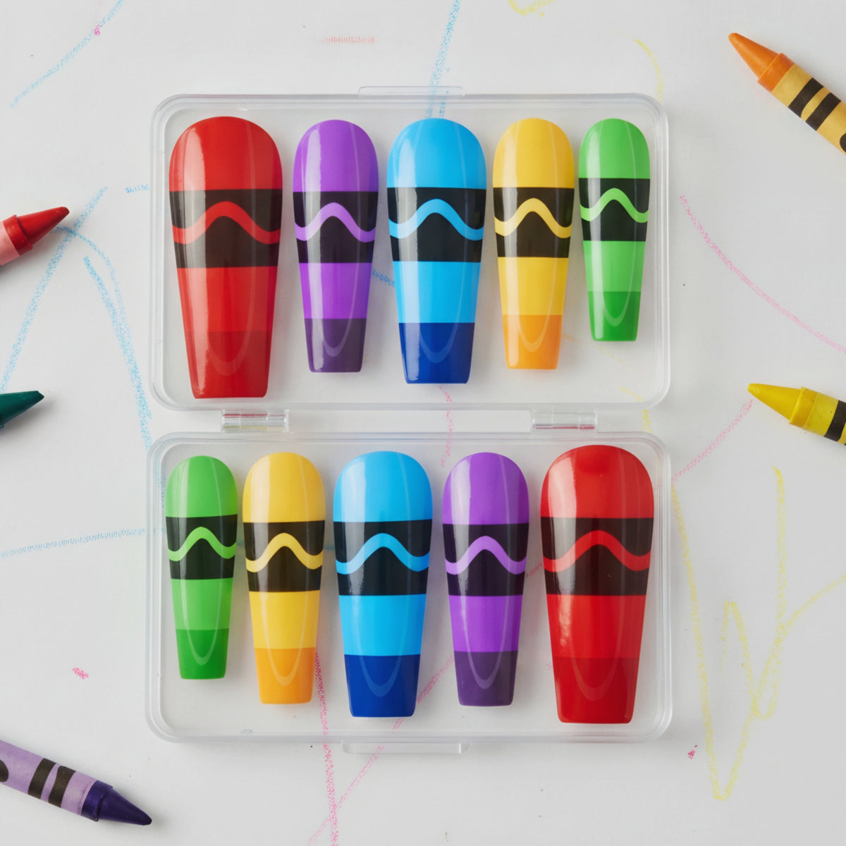 Crayon Crew colourful press-on nails with crayon-inspired nail art