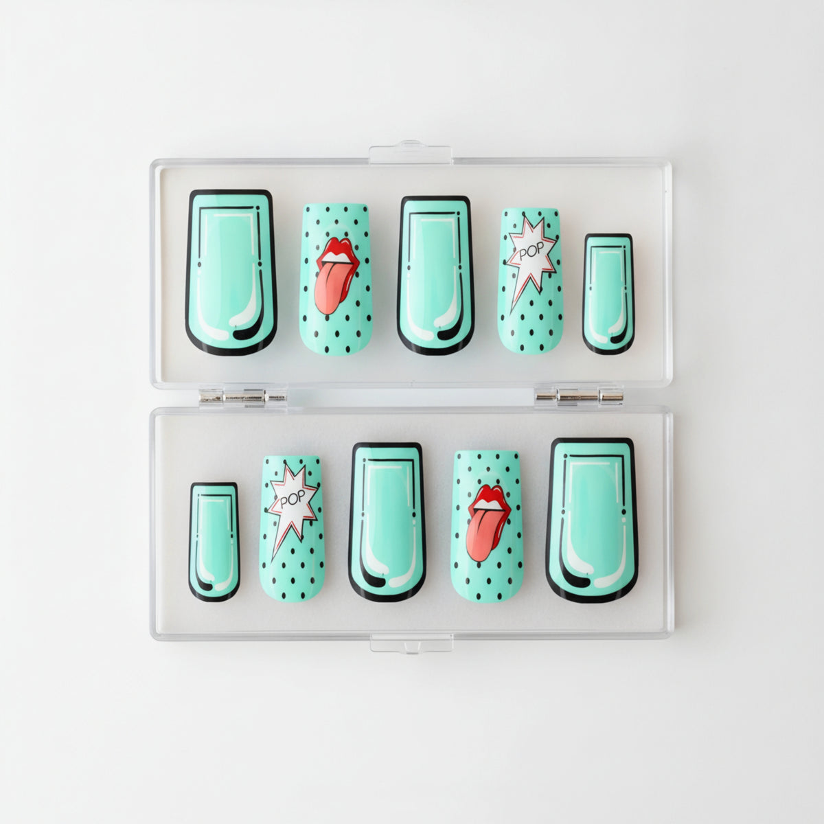 Retro Pop aqua comic book press-on nails with bold pop art details
