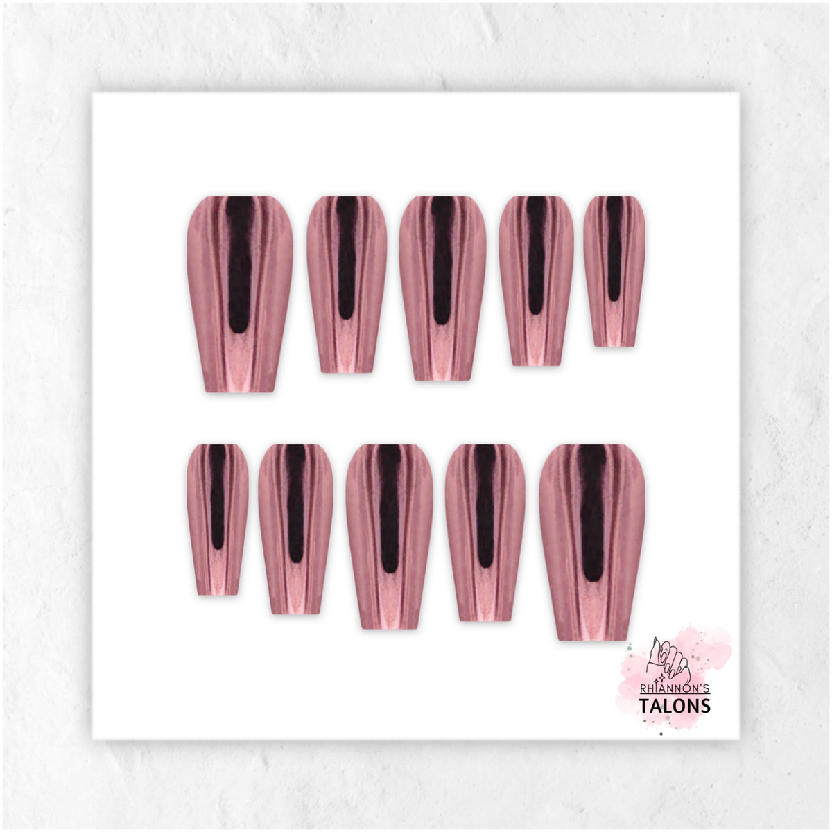 Polished Rose rose pink chrome medium coffin press-on nails with black backing