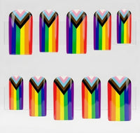 A set of 10 square glossy press on nails featuring a rainbow pride flag. Displayed on a clear display case on a white background.