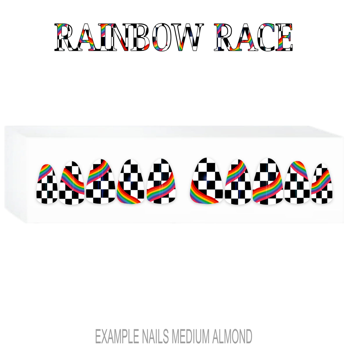 Rainbow Race Pride checkerboard rainbow press-on nails