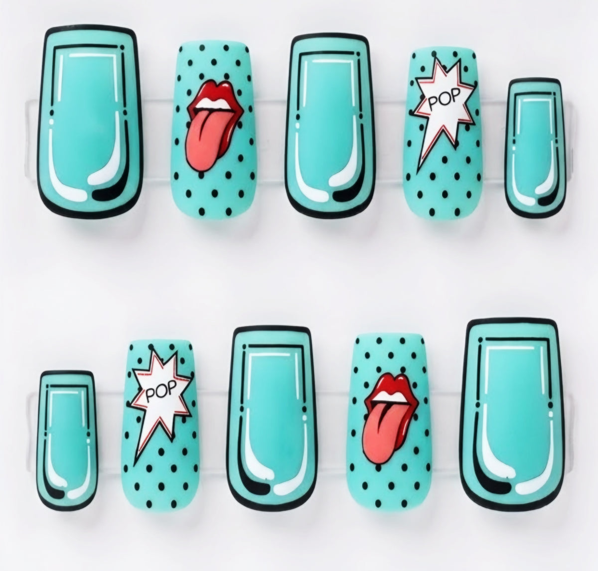 A set of square press-on nails arranged in two rows on a white background. The nails feature a turquoise and black pop-art design, with two nails displaying a red lips and tongue graphic and two displaying a white comic-style starburst with the word 'POP'.