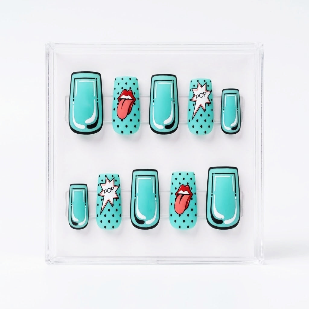A set of 10 square press-on nails displayed in a clear plastic case against a white background. The nails feature a turquoise and black pop-art design with some decorated in black polka dots and others featuring red lips and white starburst speech bubbles.