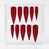 Ten glossy red stiletto-shaped press-on nails with a black leopard print pattern, arranged inside a clear square plastic display box on a white background.