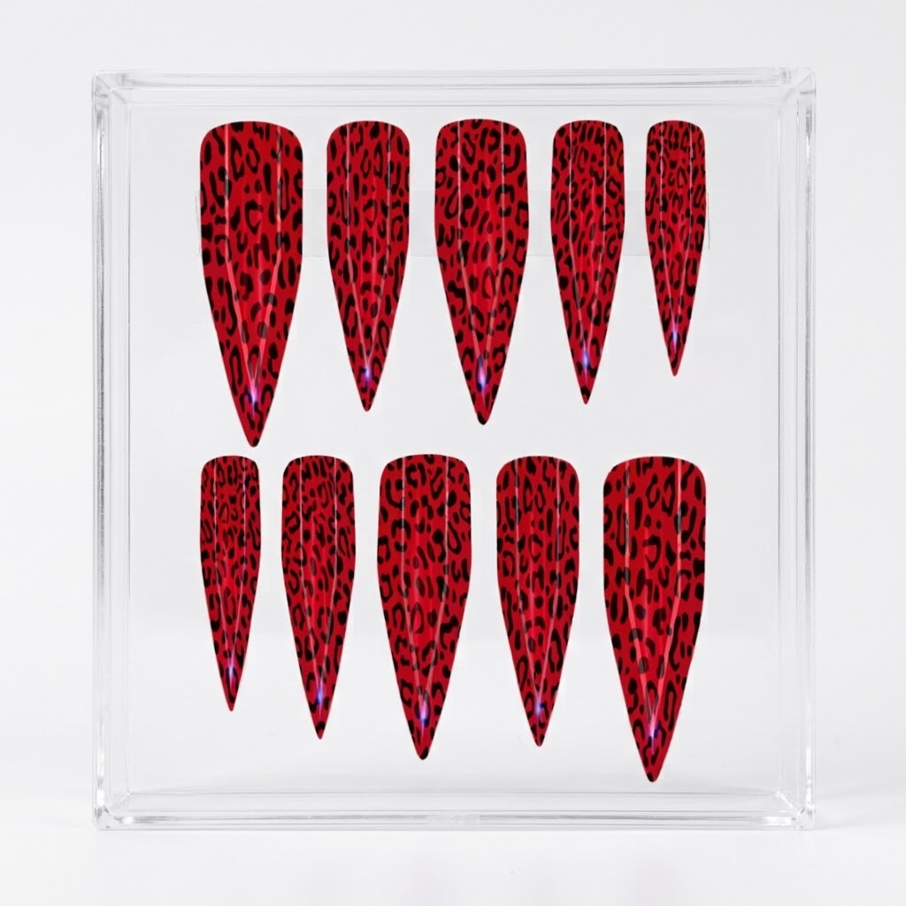 Ten glossy red stiletto-shaped press-on nails with a black leopard print pattern, arranged inside a clear square plastic display box on a white background.