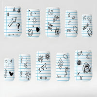 Ten square press on nail  with a light blue and white lined notebook paper pattern, decorated with various black doodles and text like '4eva' and 'I love you!'