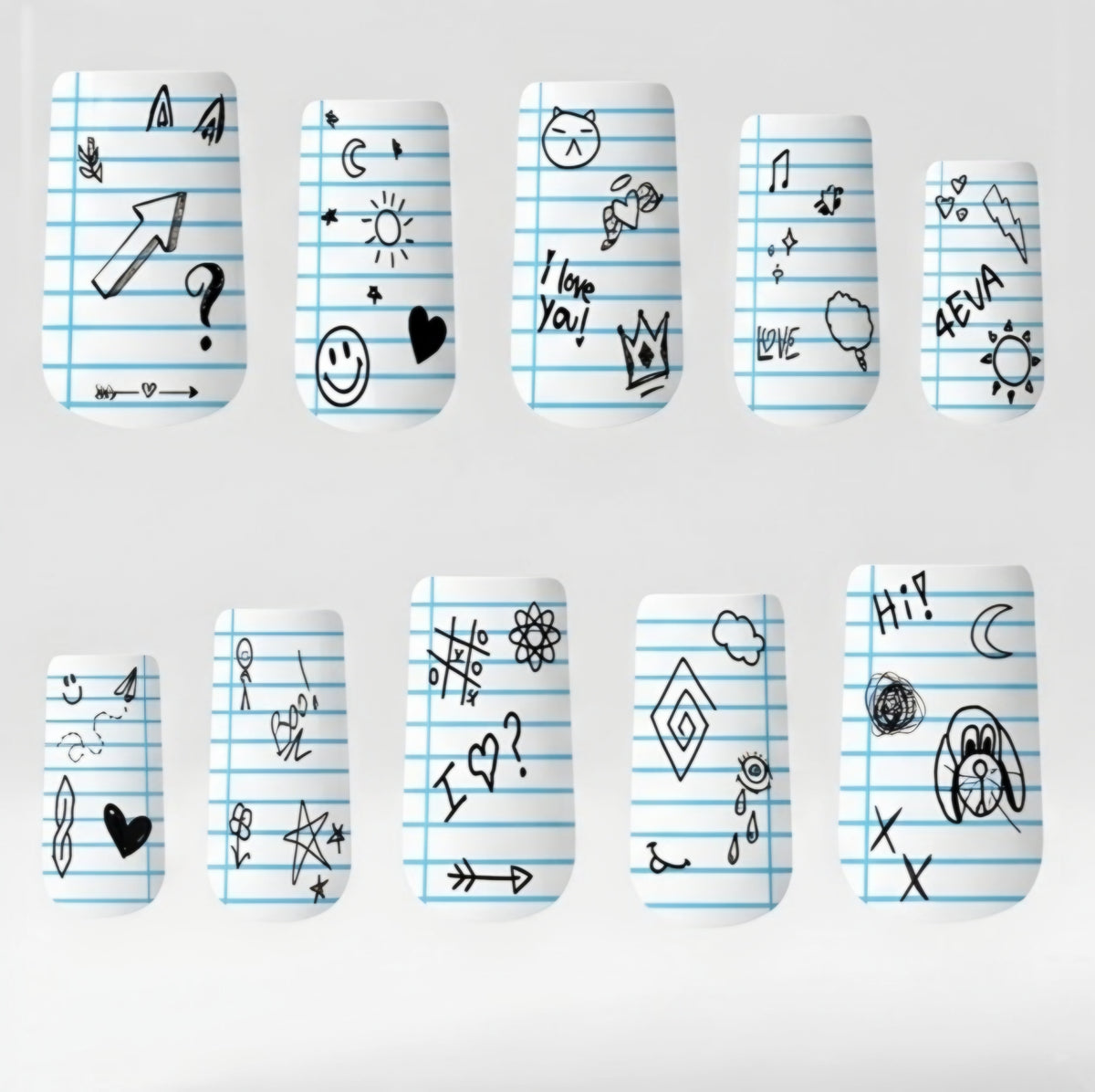 Ten square press on nail  with a light blue and white lined notebook paper pattern, decorated with various black doodles and text like '4eva' and 'I love you!'