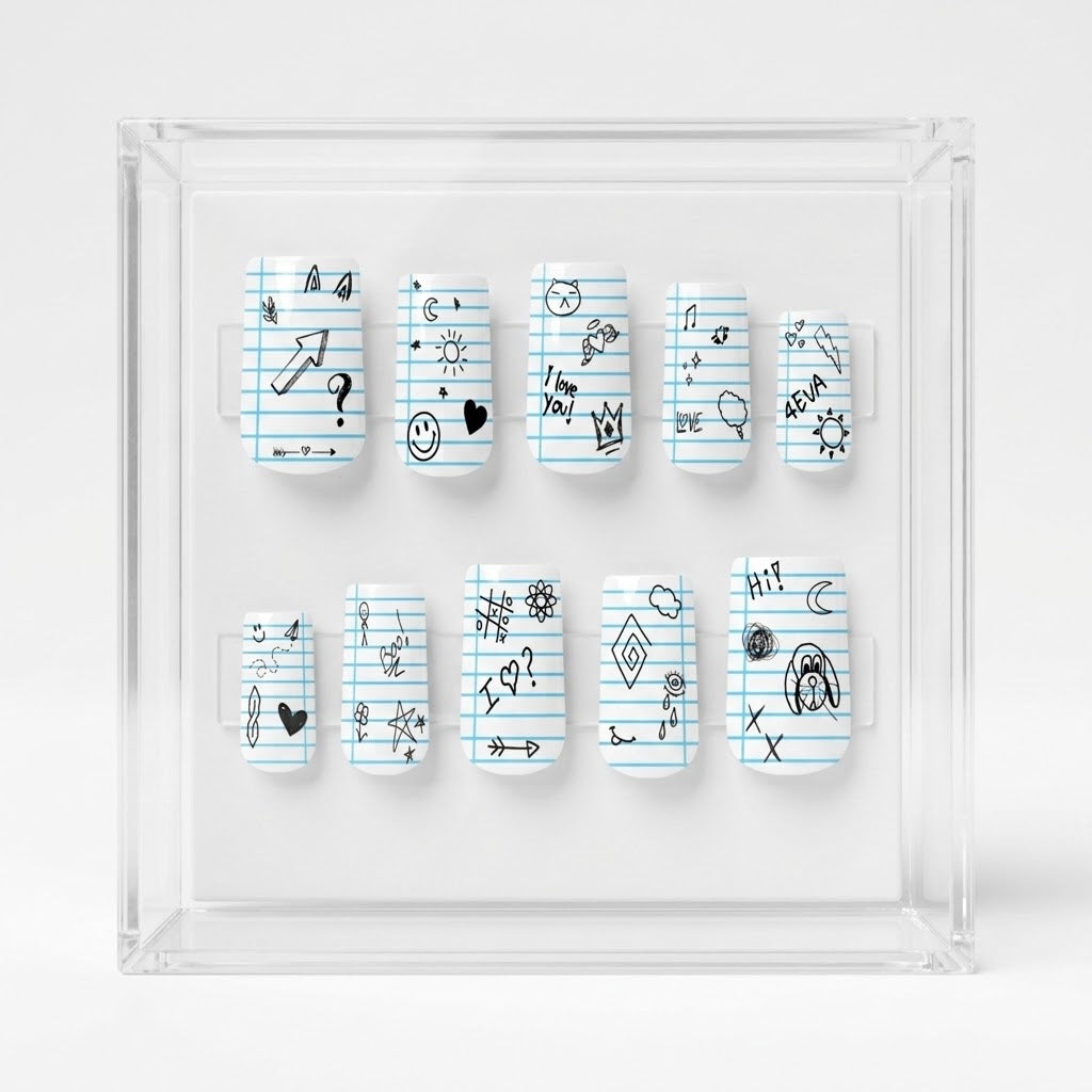 Ten square press-on nails arranged inside a clear acrylic display box on a white background. The nails have a light blue lined notebook paper pattern with various hand-drawn black doodles and symbols.