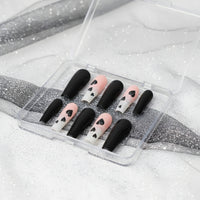 Secret Admirer black and pink press-on nails with silver glitter and heart nail art