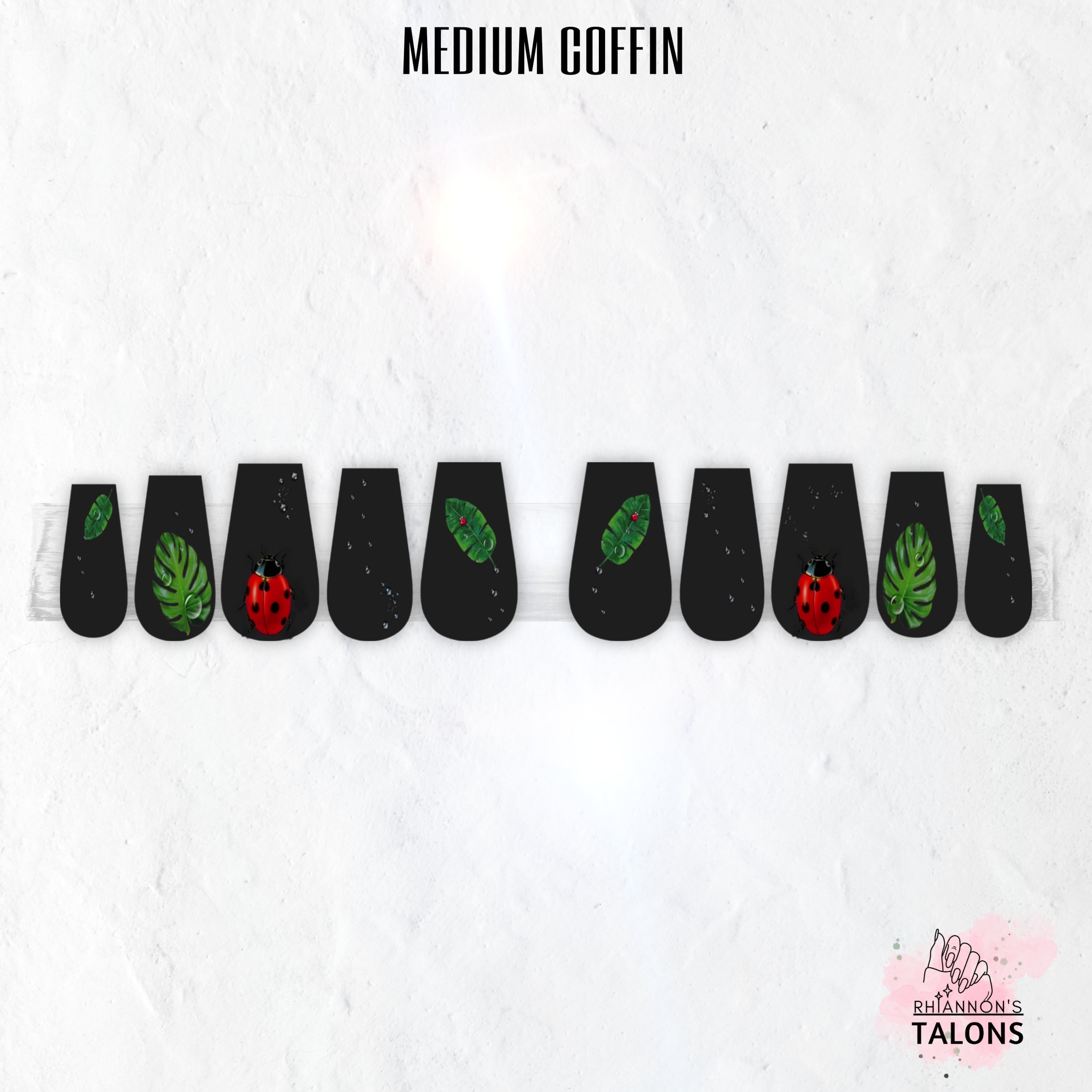 Secret Garden black green leaf ladybird press-on nails
