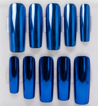 Ten glossy cobalt blue chrome nail tips arranged in two rows on a white background.