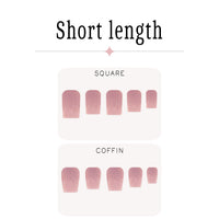 Nail length guide showing short length options labeled Square and Coffin, with six pink press-on nails displayed in each category on a white background.
