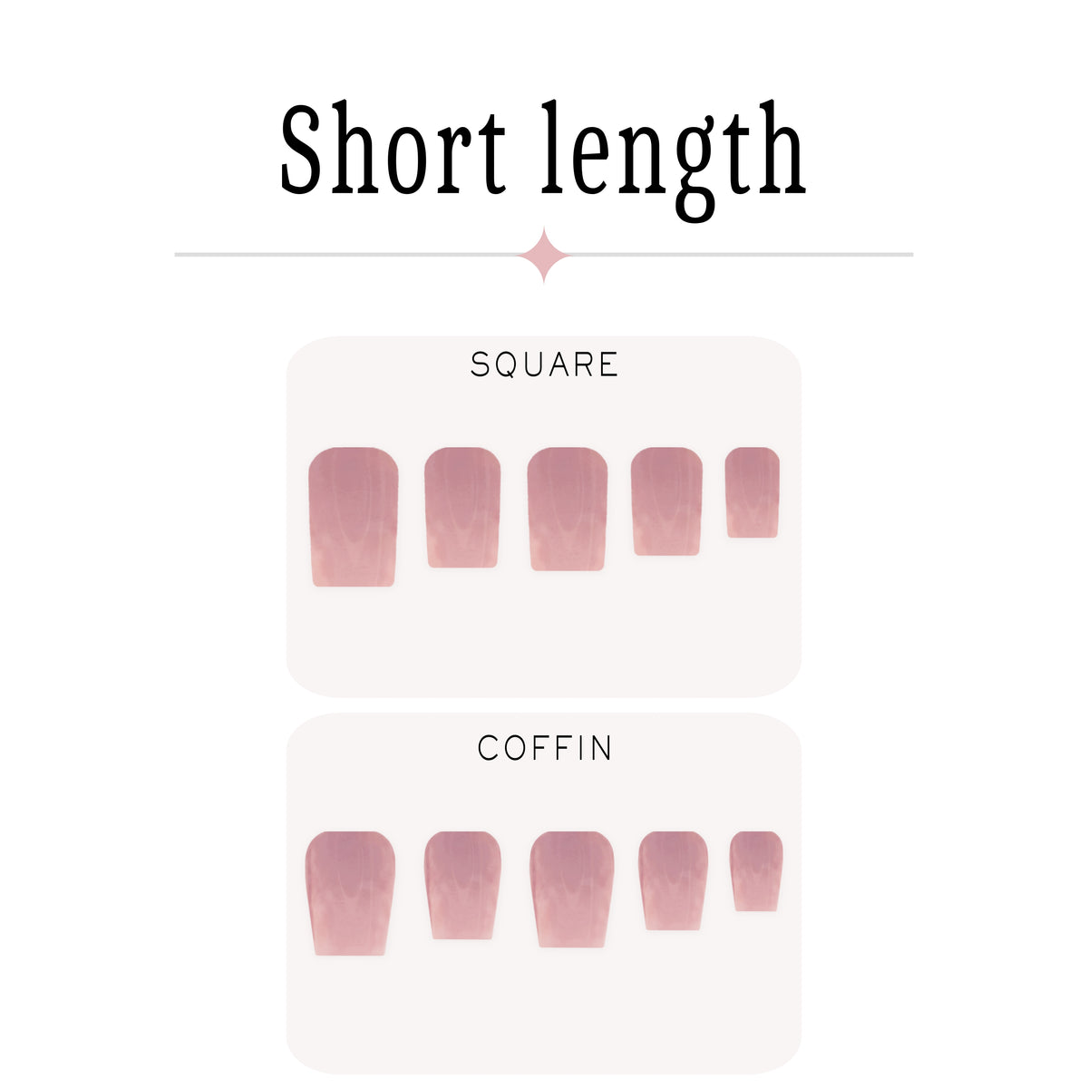 Nail length guide showing short length options labeled Square and Coffin, with six pink press-on nails displayed in each category on a white background.