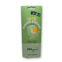 Hand cream with snail mucin extract, 75ml. In a green squeezy tube, featuring a cartoon snail.