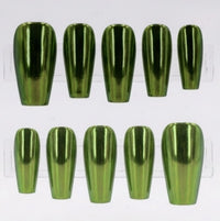 A set of metallic olive green chrome coffin-shaped press-on nails displayed on a clear plastic stand against a white background.