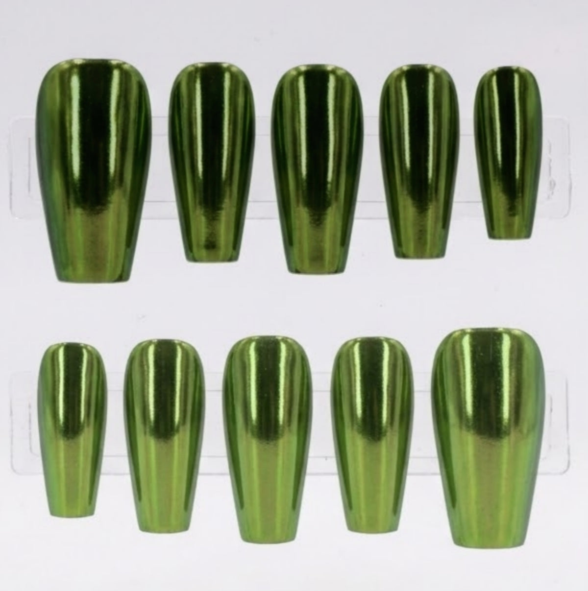 A set of metallic olive green chrome coffin-shaped press-on nails displayed on a clear plastic stand against a white background.