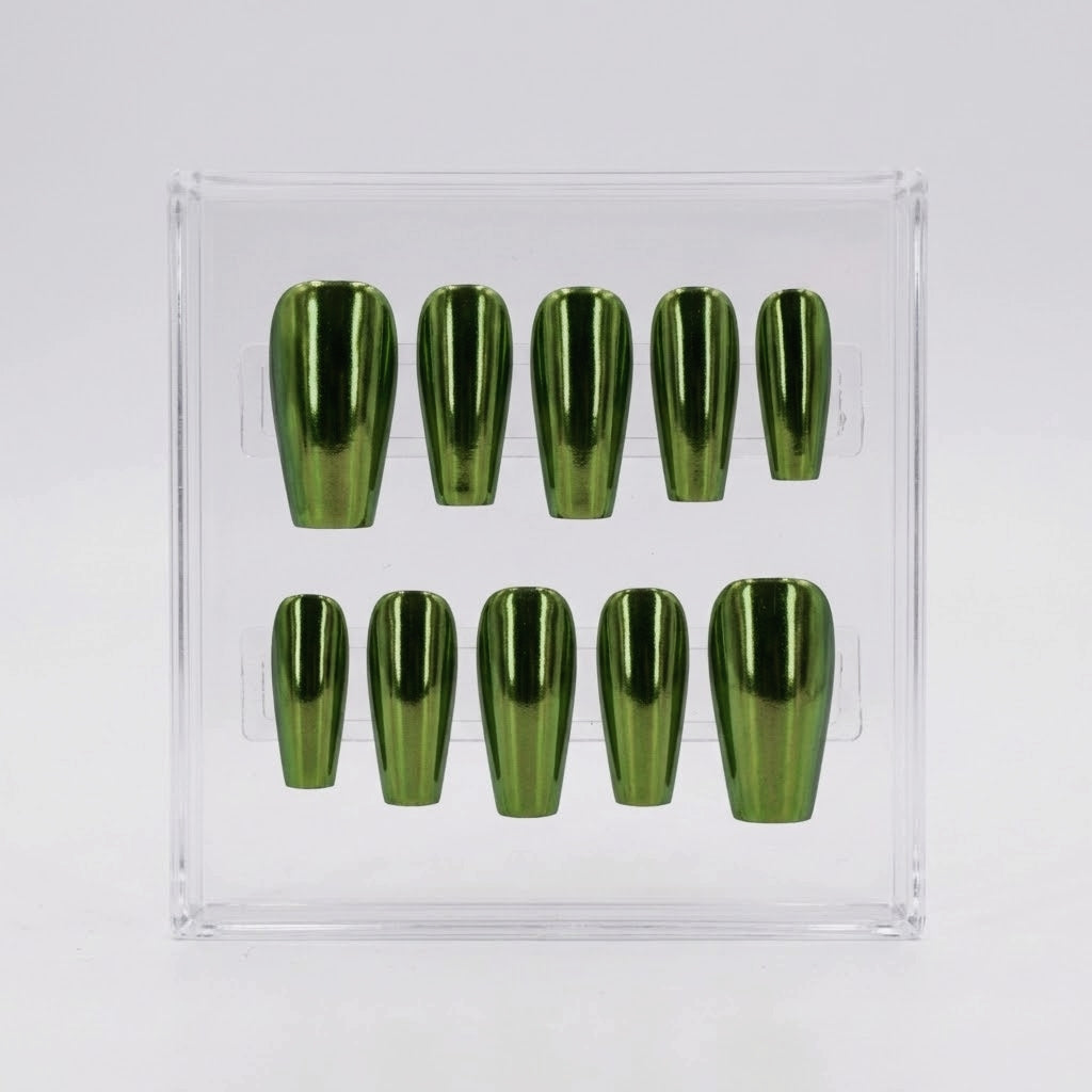 A set of ten metallic olive green chrome press-on nails arranged in two rows inside a clear plastic display box on a light gray background.