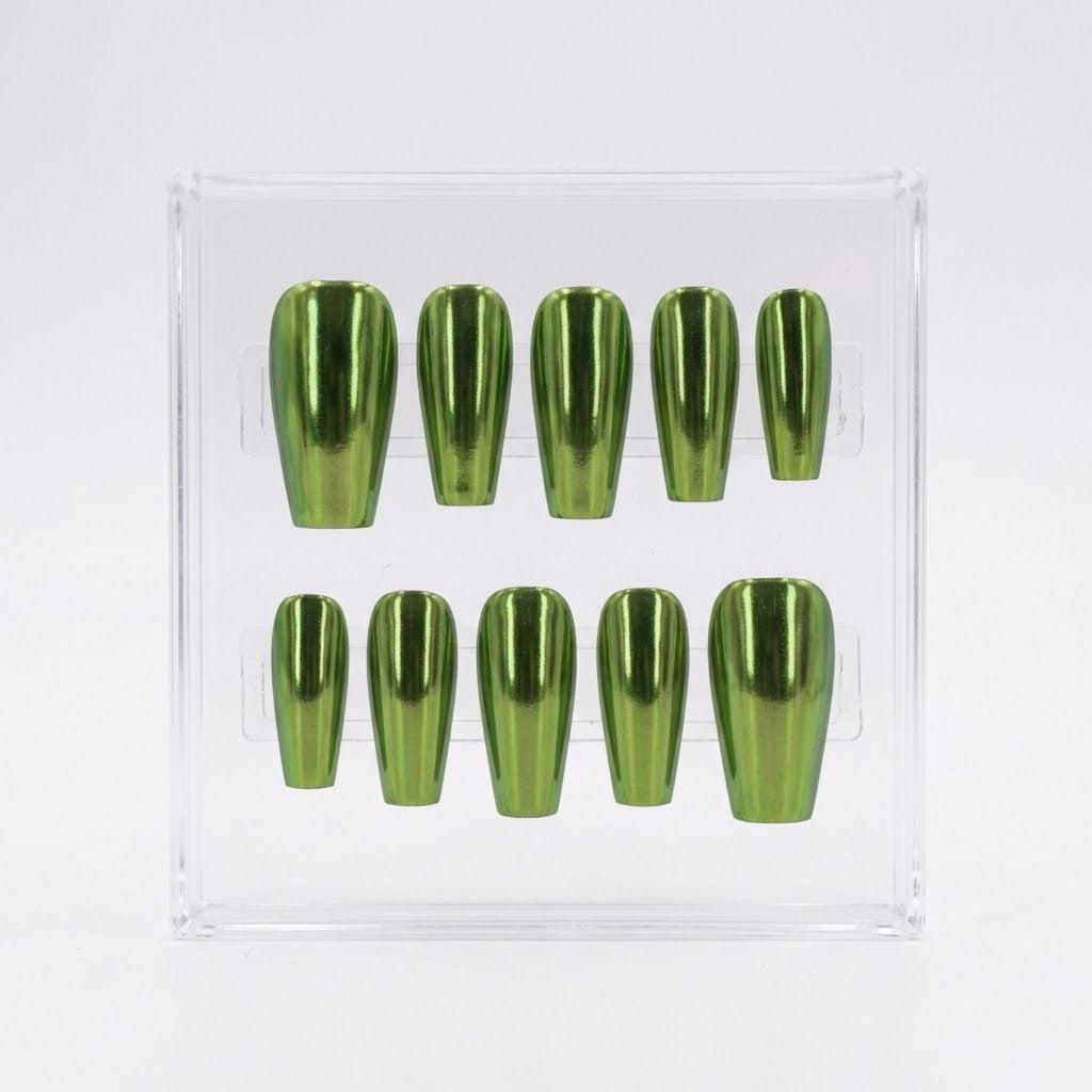 A set of ten metallic olive green chrome press-on nails arranged in two rows inside a clear acrylic display box, photographed against a clean white background.