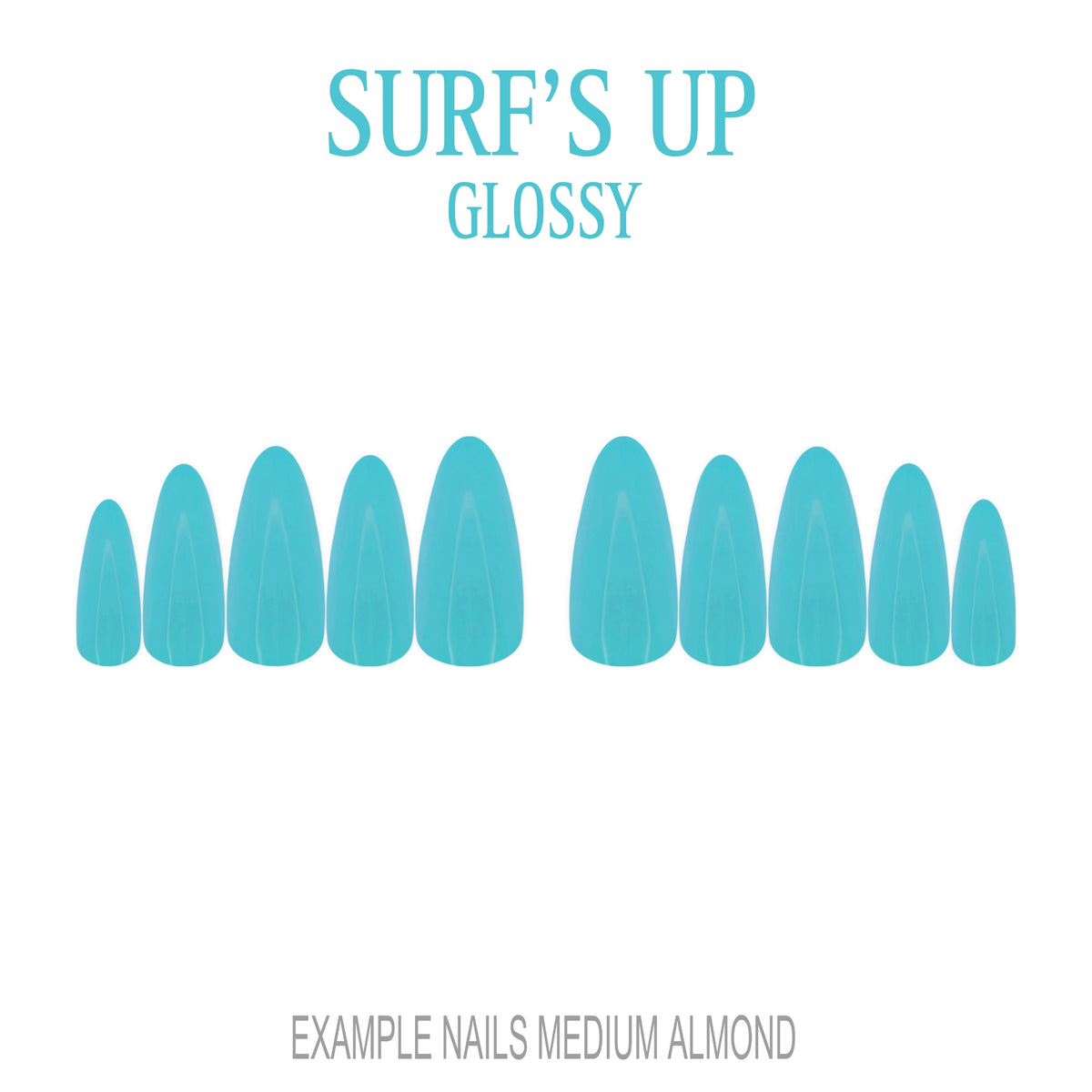 Surf's Up coastal blue medium almond press-on nails with glossy finish