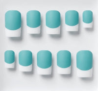 Ten French manicure nail tips arranged in two rows on a light gray background, featuring a solid light blue/turquoise base and white french tips.