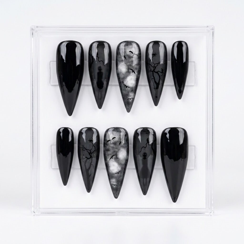 Ten black Stiletto press-on nails arranged in two rows inside a clear plastic display case on a white background.