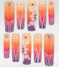 Ten square press-on nails displayed on a clear plastic sheet against a white background. The nails feature a gradient design transitioning from a peach-orange top to a deep purple and pink middle, with a dark purple base.