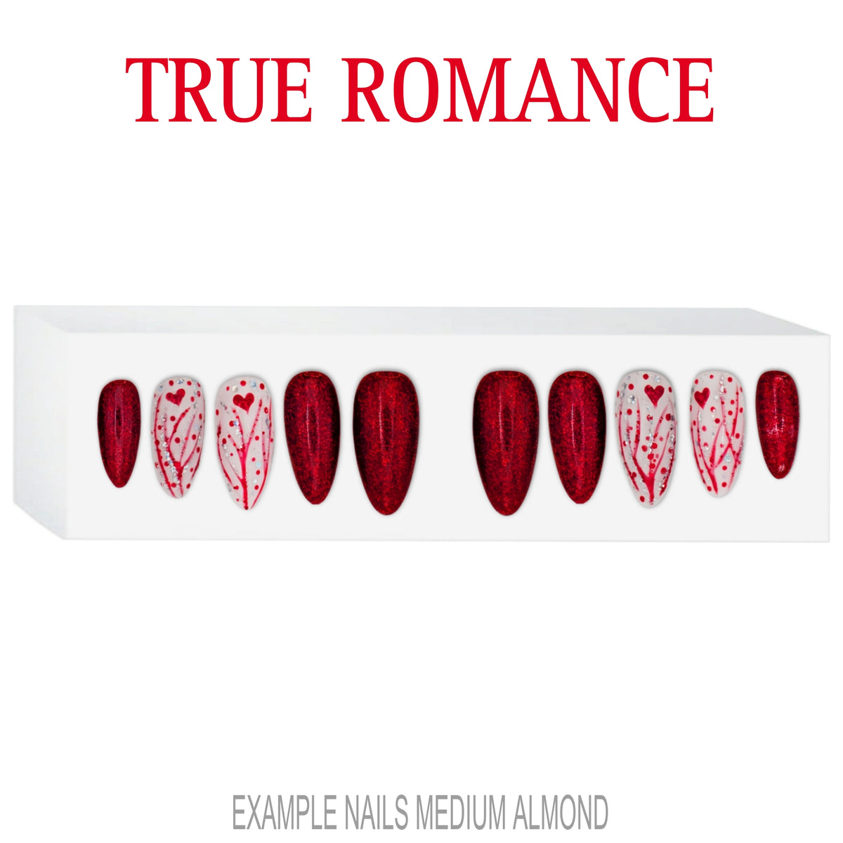 True Romance red glitter heart press-on nails