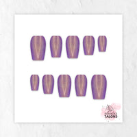Twilight Glow purple glitter short coffin press-on nails with glossy finish