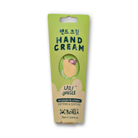 A squeeze tube of South Korean vitamin C pear scented hand cream with a green and yellow pear design featuring a cartoon monkey, labeled 'HAND CREAM' and 'LAZ / JUNGLE'.