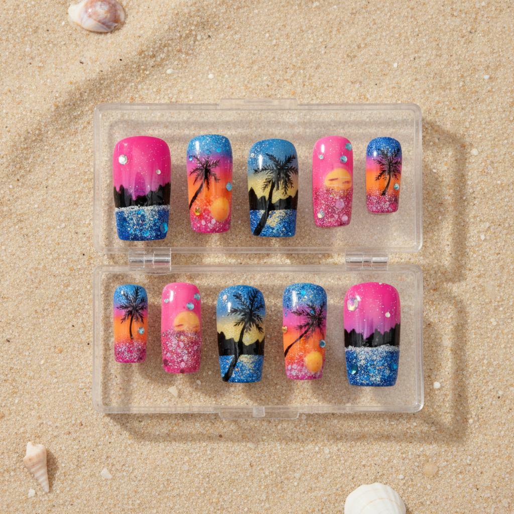 Sunset Lagoon tropical press-on nails with pink orange sunset and palm tree nail art