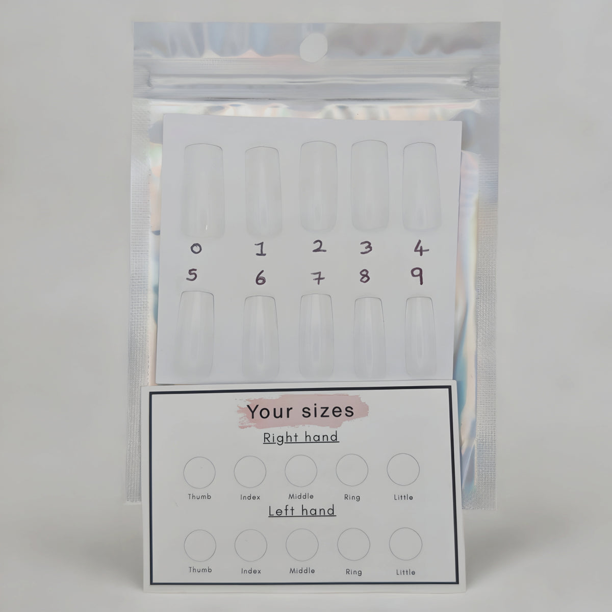 Press-on nail sizing kit showing sample nail tips for finding your correct fit