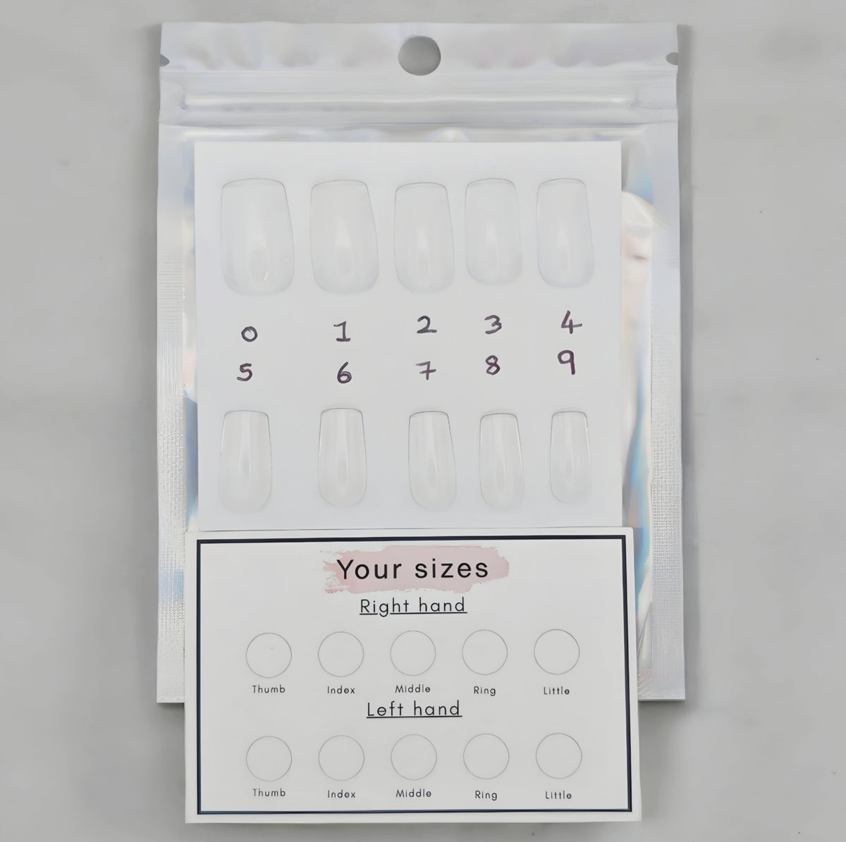 Rhiannon's Talons press-on nail sizing kit with sample nail tips and size guide