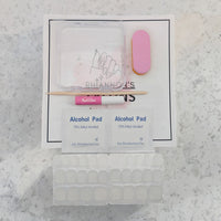 What is included with every Rhiannon's Talons press-on nail set: storage case, nail glue, cuticle stick, buffer, alcohol wipes and adhesive tabs